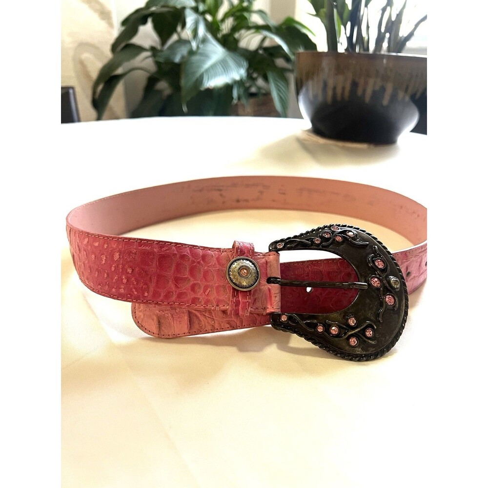 VTG Nanni Crock Embossed Pink Leather Belt Sz 32 Bling Buckle Coquette Western - Picture 6 of 8